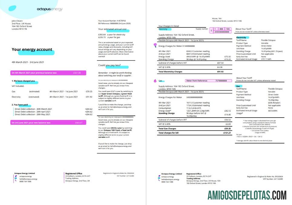 realista Modelo de conta de serviços públicos de energia Polvo do Reino Unido em formato Word e PDF, 3 páginas 1 2